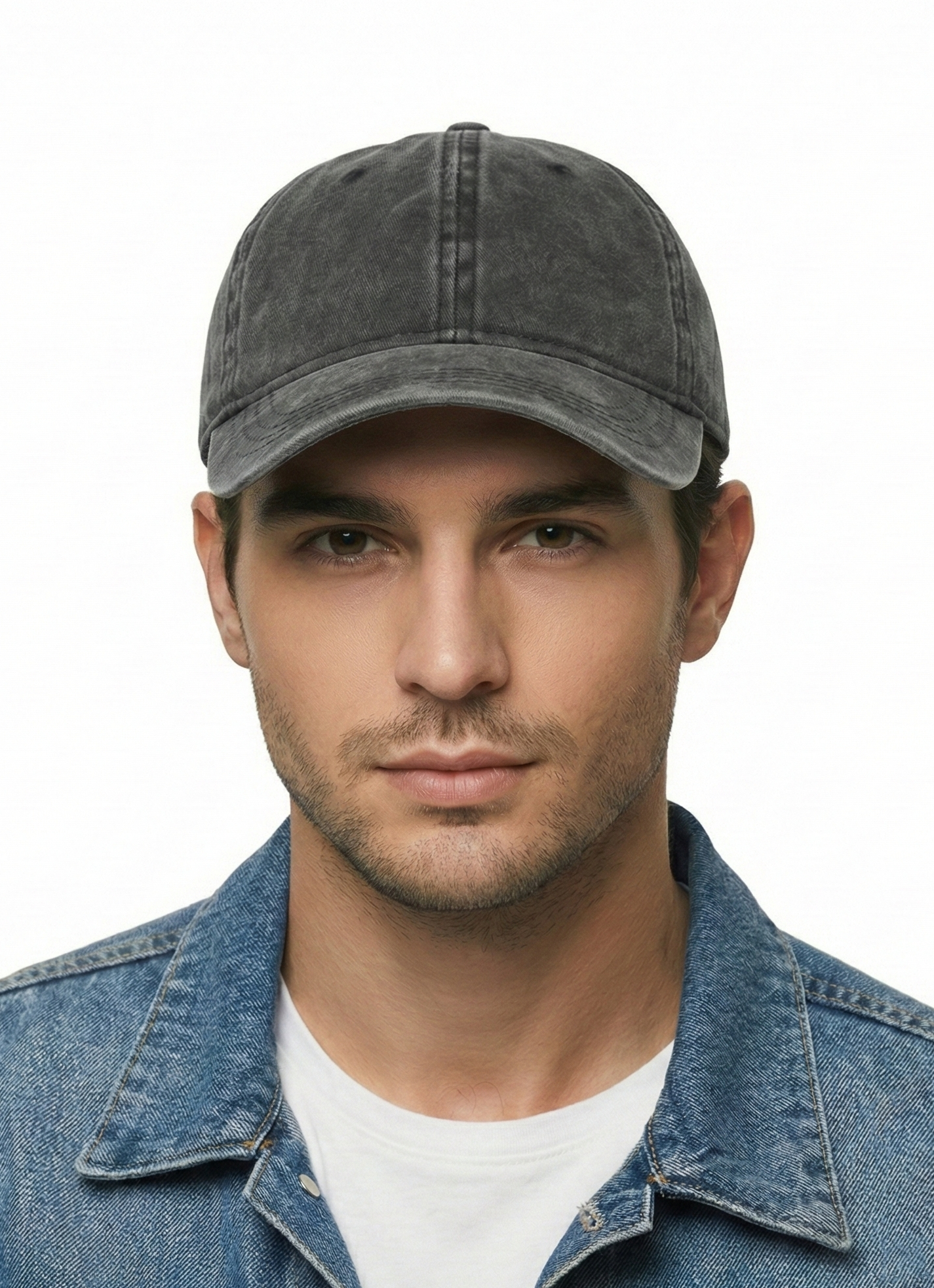 Black washed denim baseball cap for big heads XXL - front view 