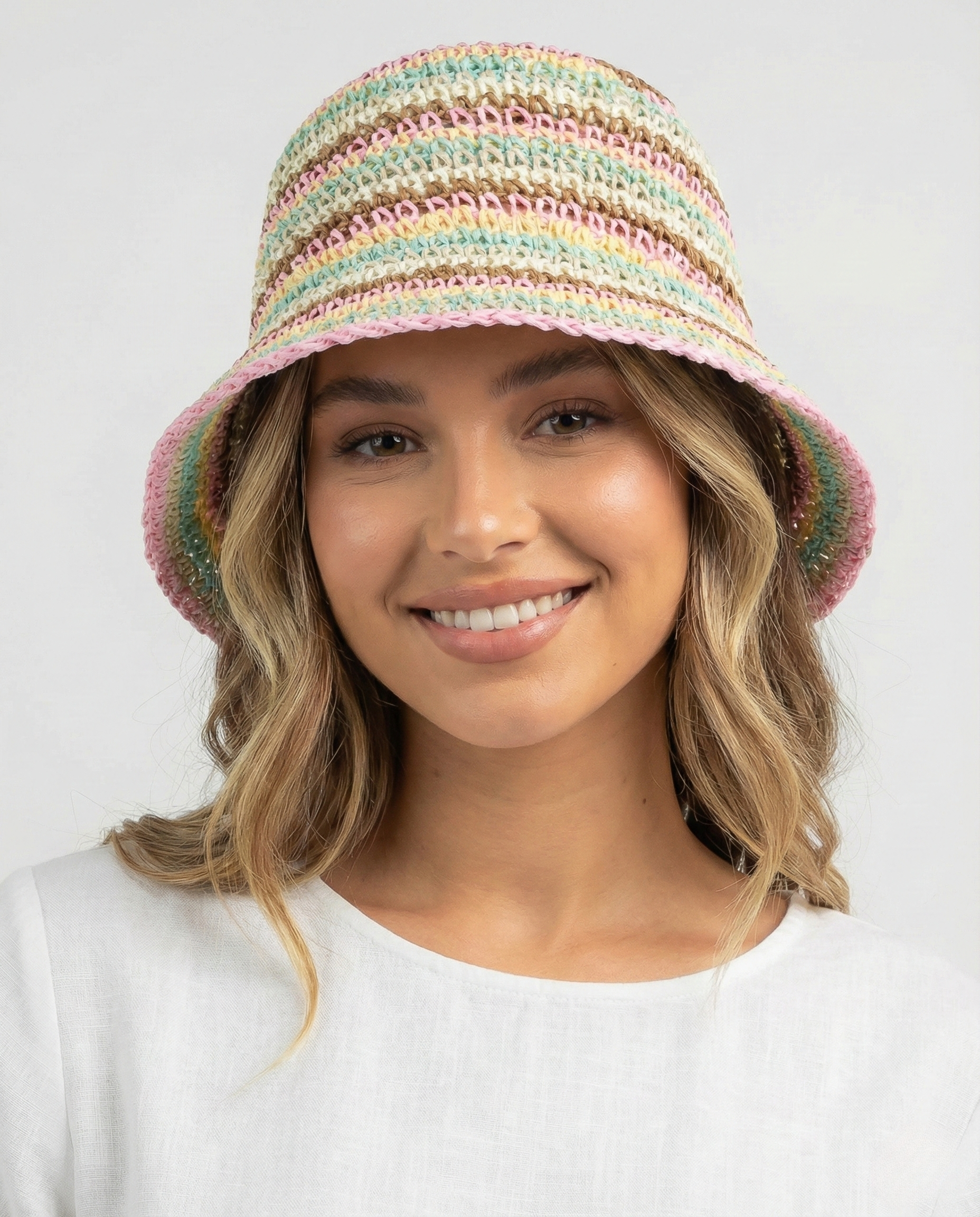 Multicolor straw bucket hat for big heads - on model lifestyle photo