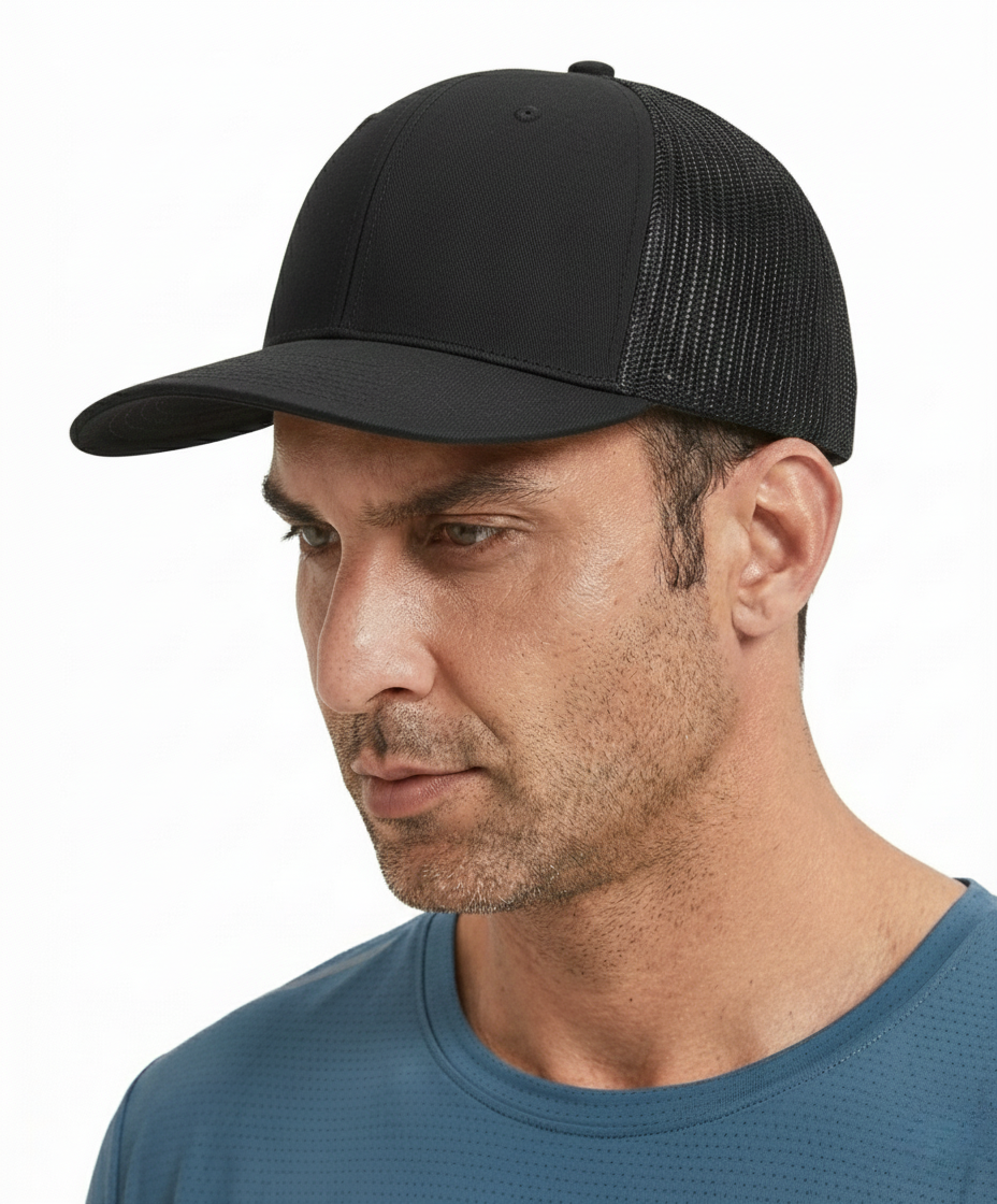 Black mid profile snapback mesh trucker hat for big heads XXL -model photo