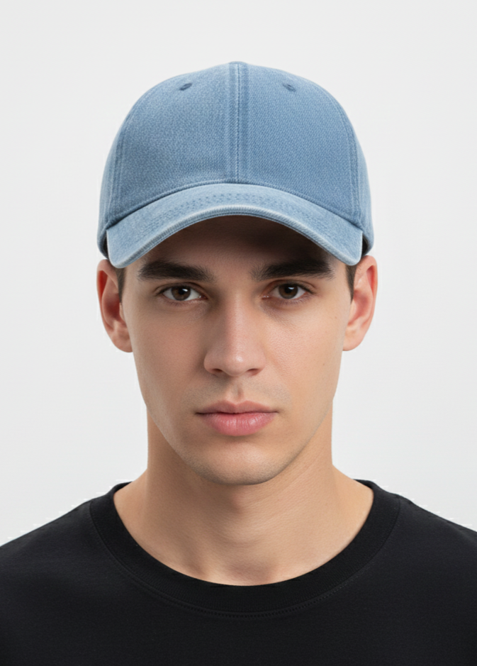 Blue soft crown washed denim baseball cap for big heads - on model lifestyle photo