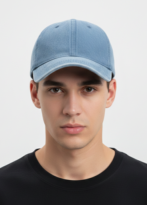 Blue soft crown washed denim baseball cap for big heads - on model lifestyle photo