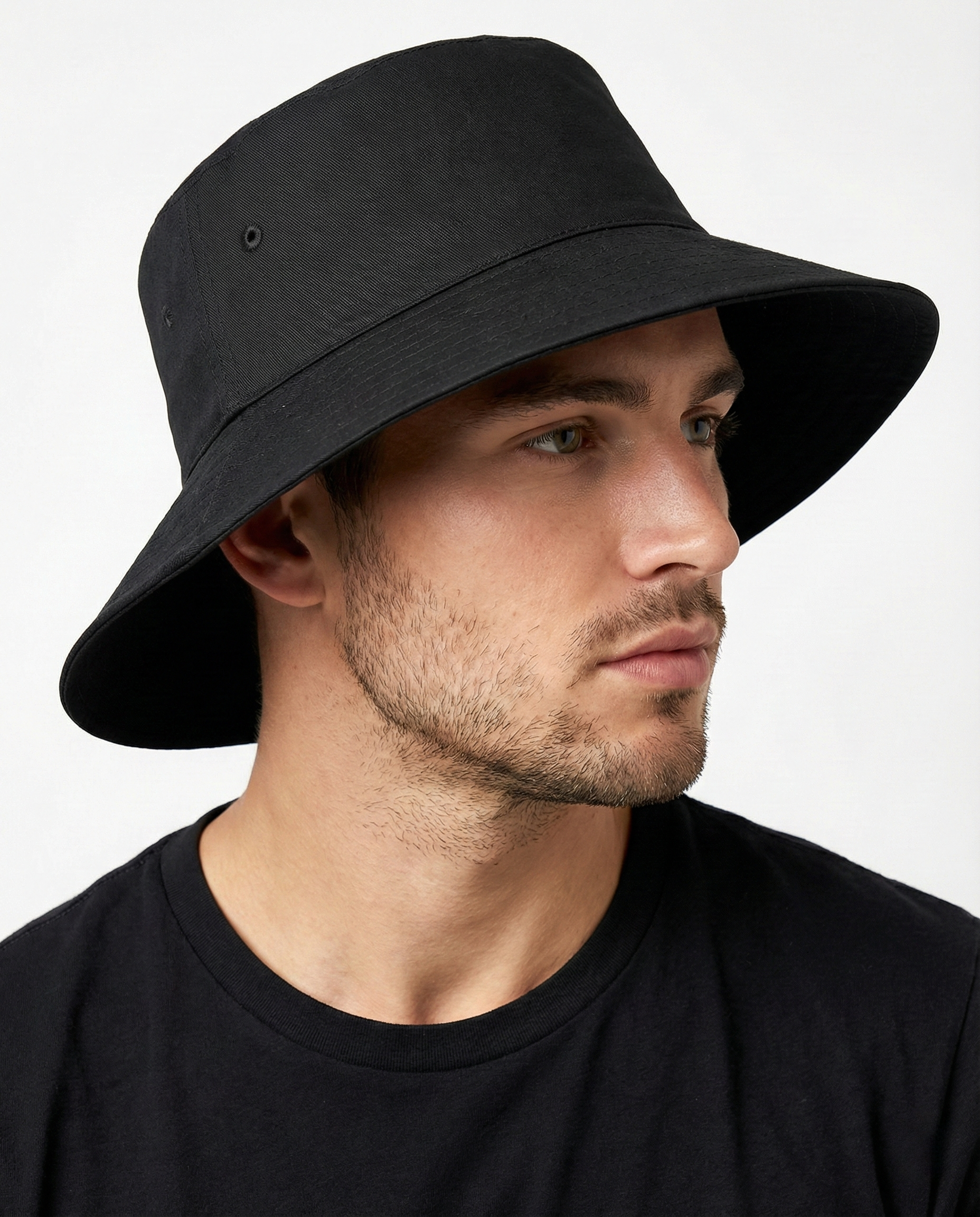 Black wide brim bucket hat for big heads - on model lifestyle photo