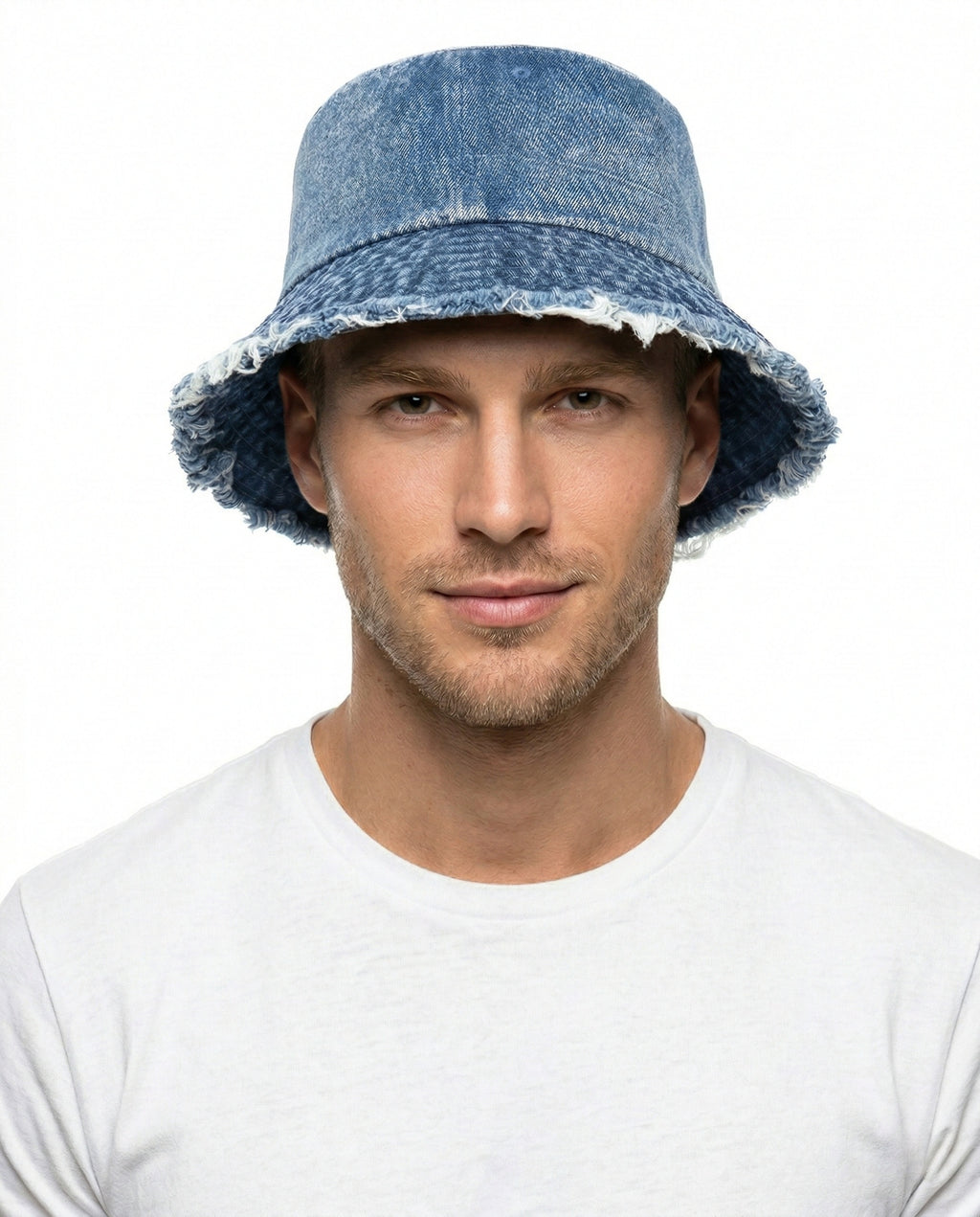 Model wearing blue washed denim fringe bucket hat for big heads