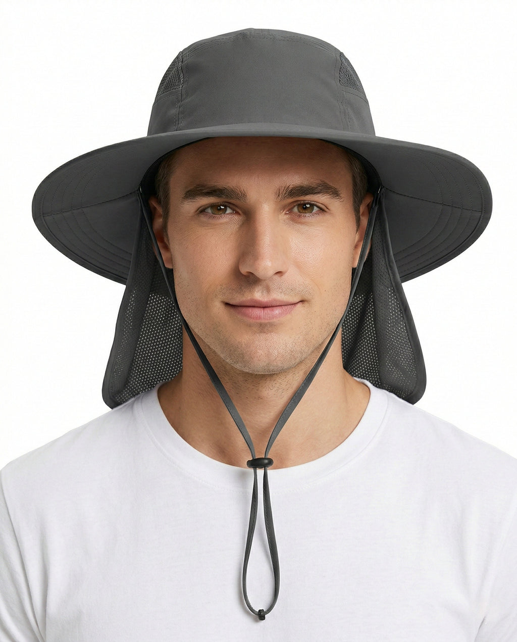 Model wearing wide brim sun hat with neck flap for big heads