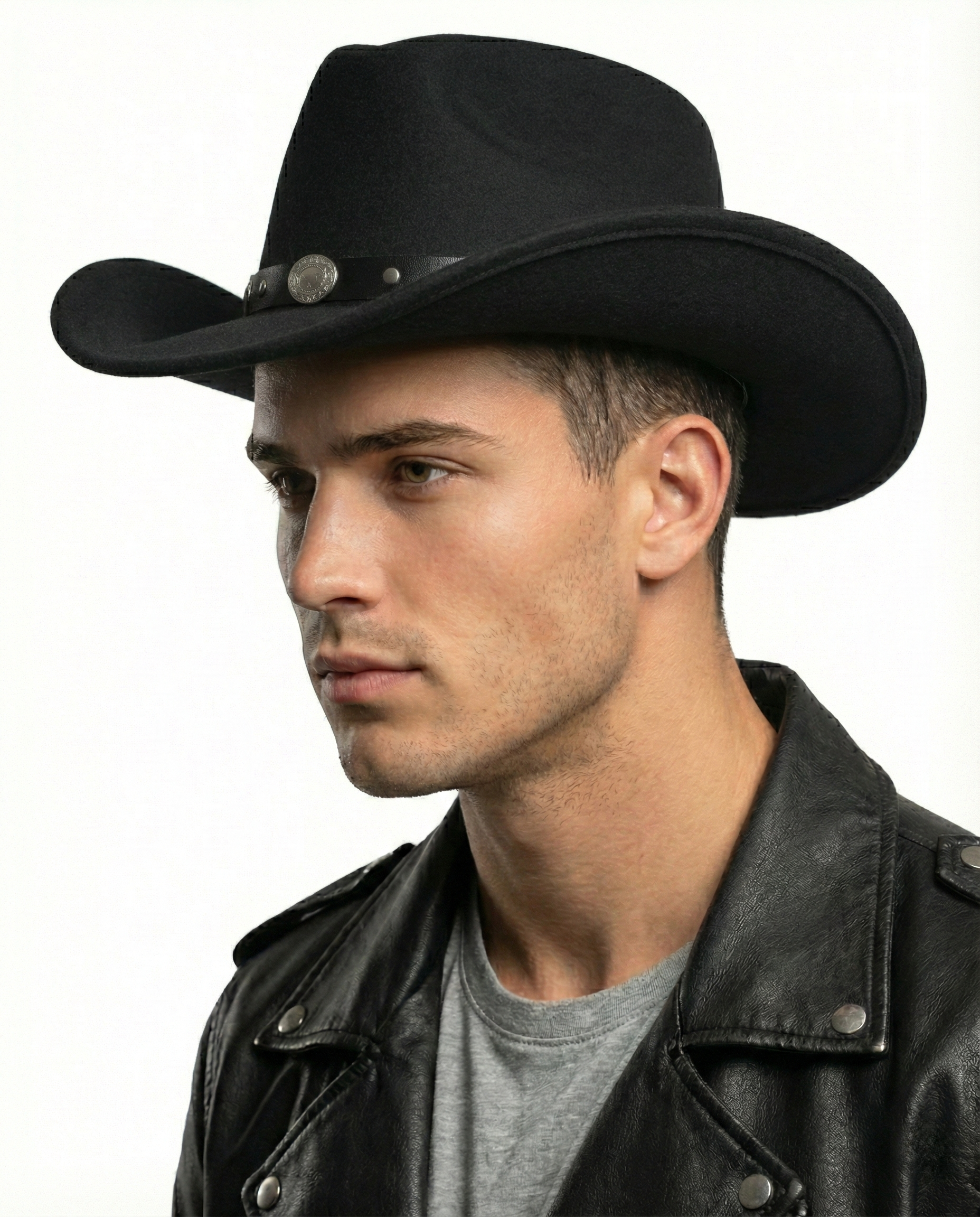 Black shapeable felt cowboy hat for big heads - on model lifestyle photo