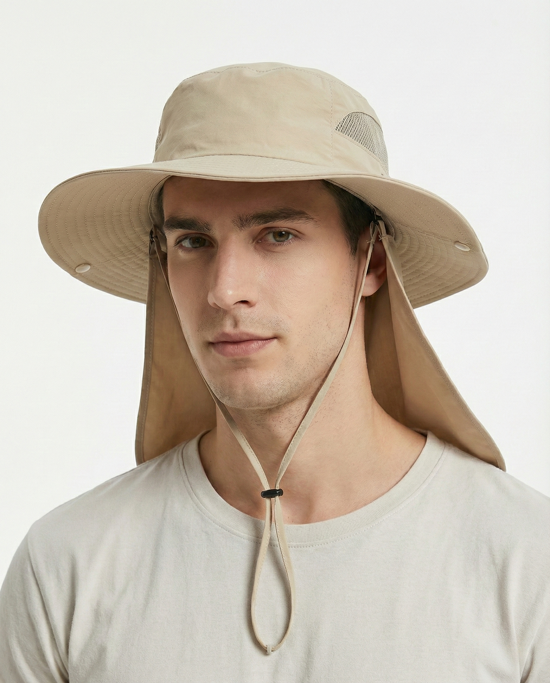 Khaki neck flap sun hat for big heads - on model front view lifestyle photo