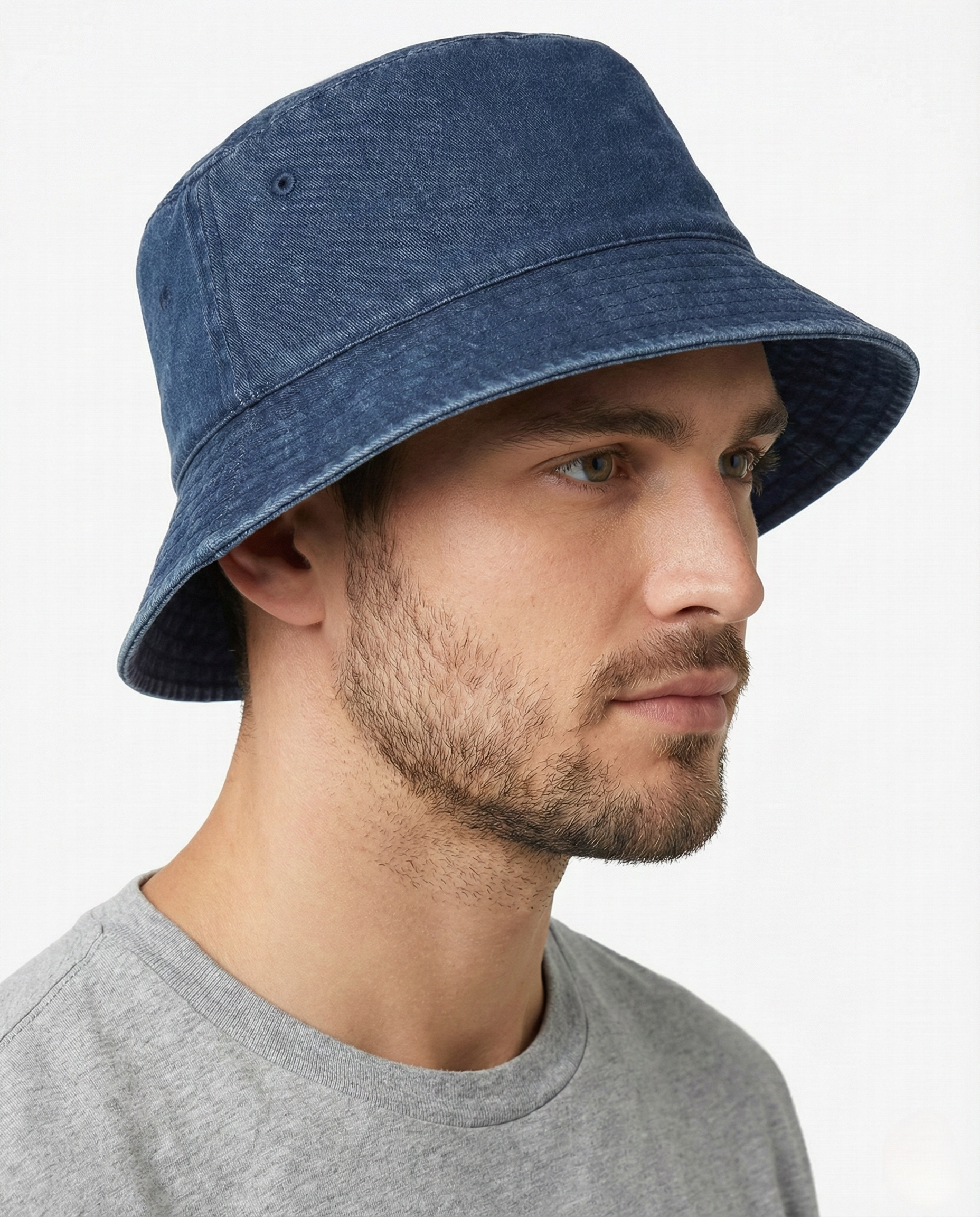 Blue cotton washed denim bucket hat for big heads XXL - model photo- Zylioo