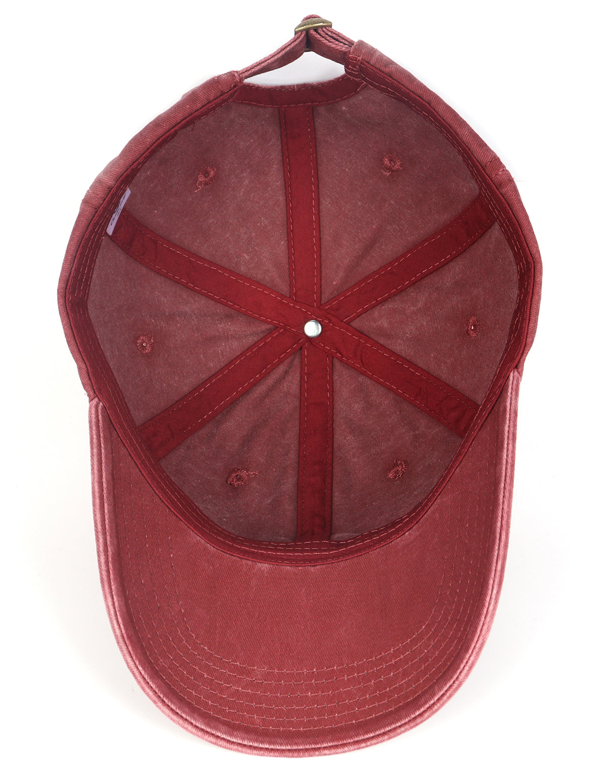 Wine red washed denim baseball cap for big heads - interior sweatband detail