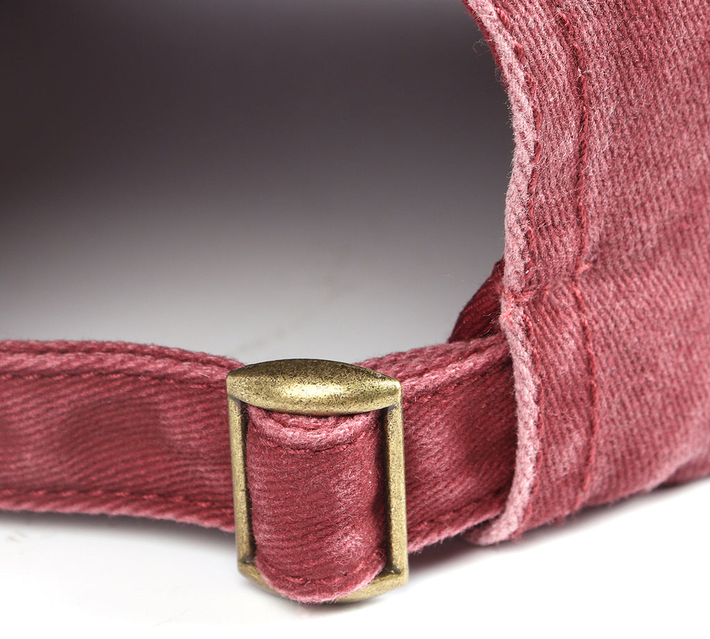 Wine red washed denim baseball cap for big heads - adjustable strap close-up