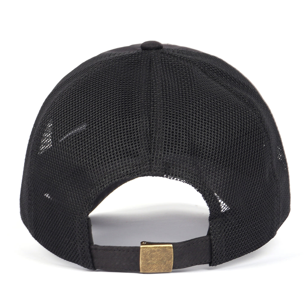 Black breathable mesh trucker hat for big heads - back view