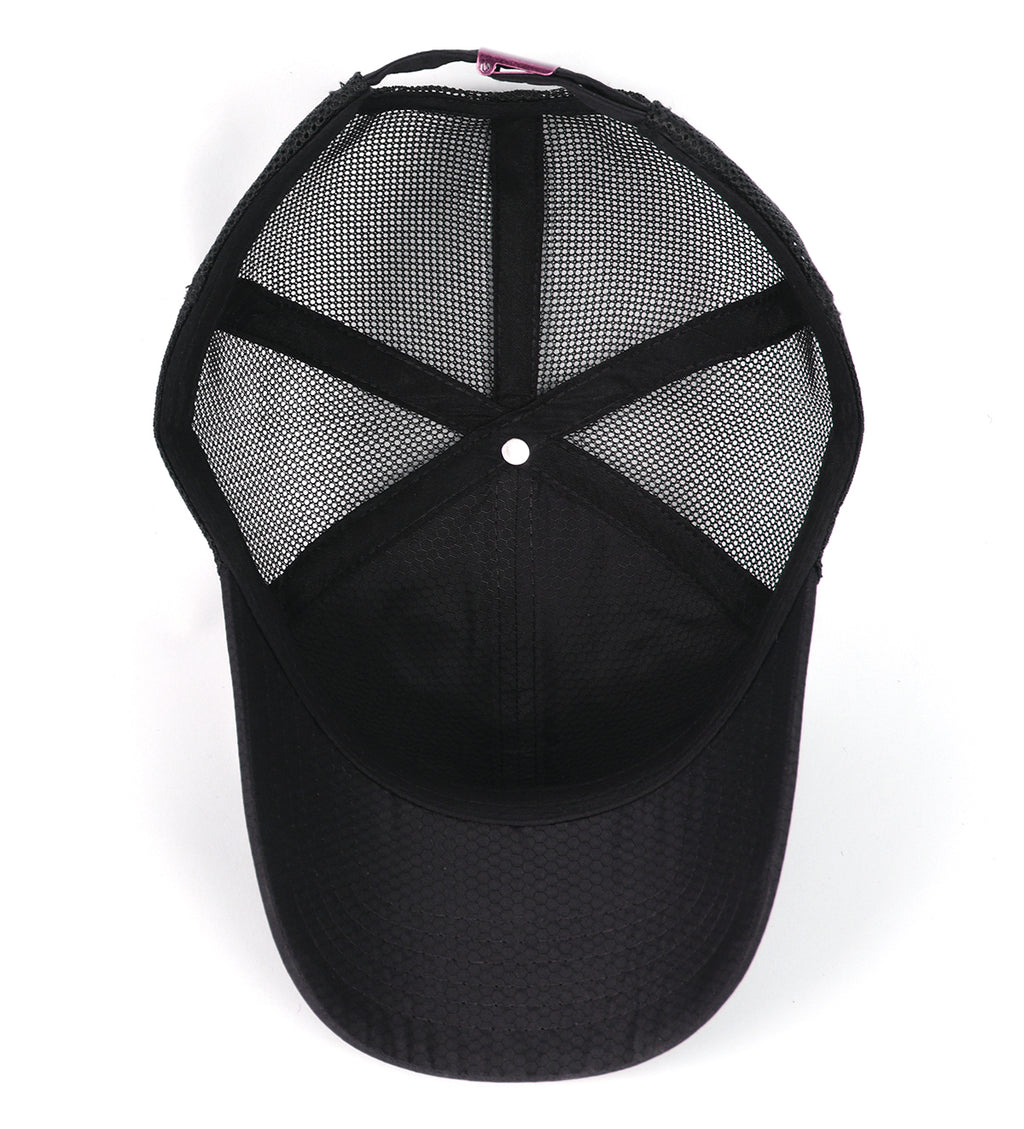 Black breathable mesh trucker hat for big heads - interior sweatband detail