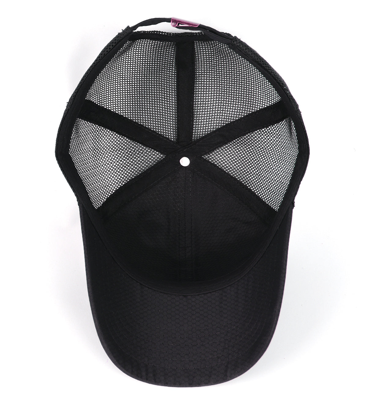 Black breathable mesh trucker hat for big heads - interior sweatband detail