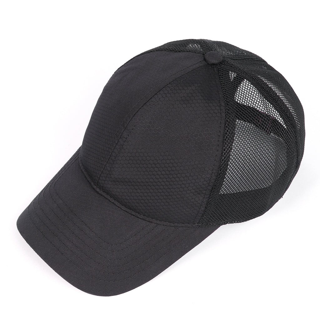 Black breathable mesh trucker hat for big heads - top crown view