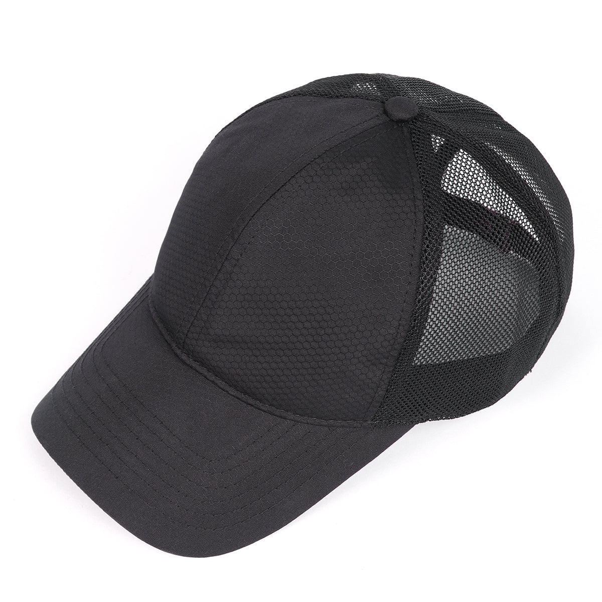 Black breathable mesh trucker hat for big heads - top crown view