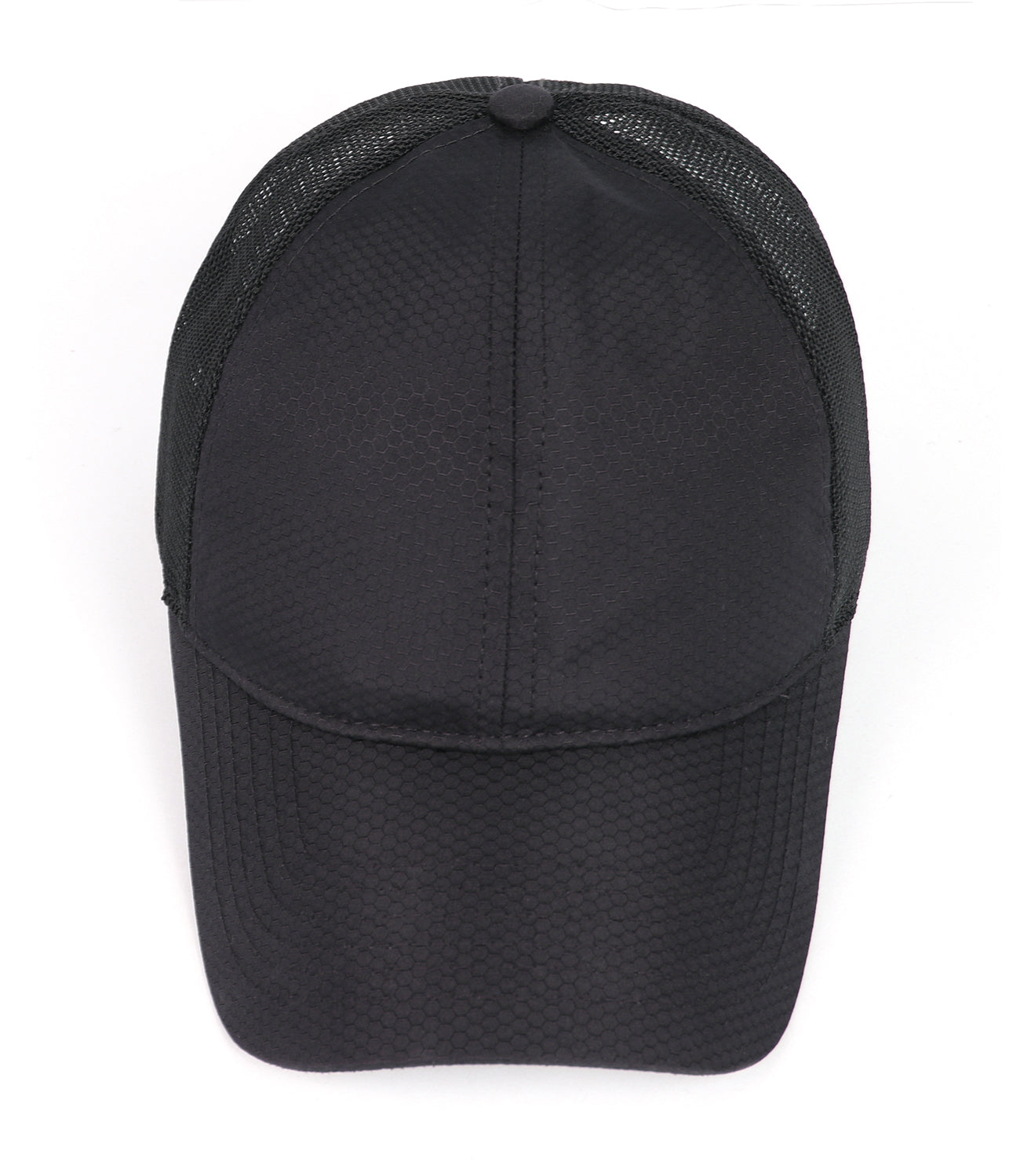 Black breathable mesh trucker hat for big heads - top crown view