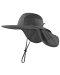 Dark gray wide brim sun hat with neck flap for big heads front view