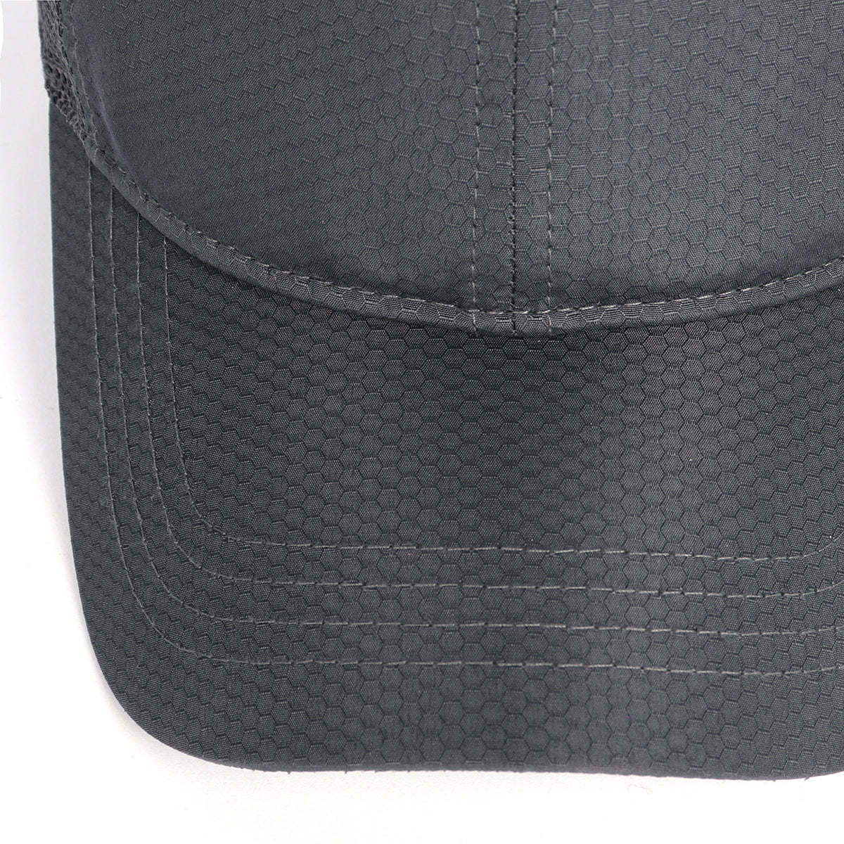 Grey breathable mesh trucker hat for big heads - curved brim close-up