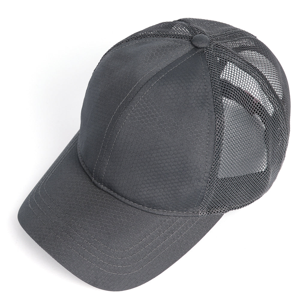 Grey breathable mesh trucker hat for big heads - top crown view
