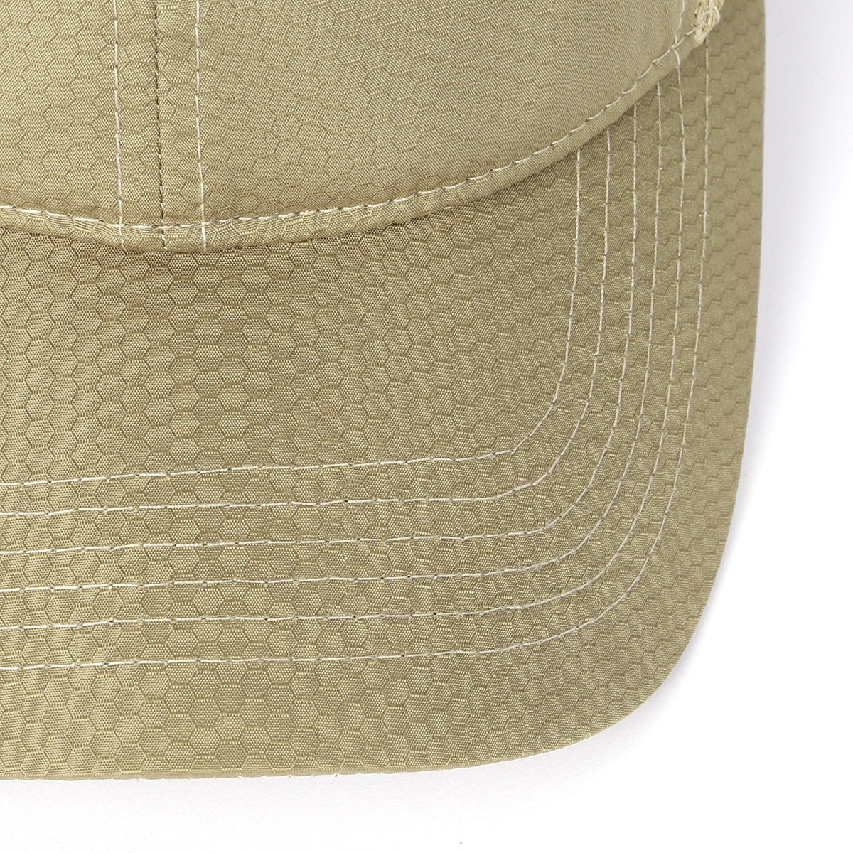 Khaki breathable mesh trucker hat for big heads - curved brim close-up