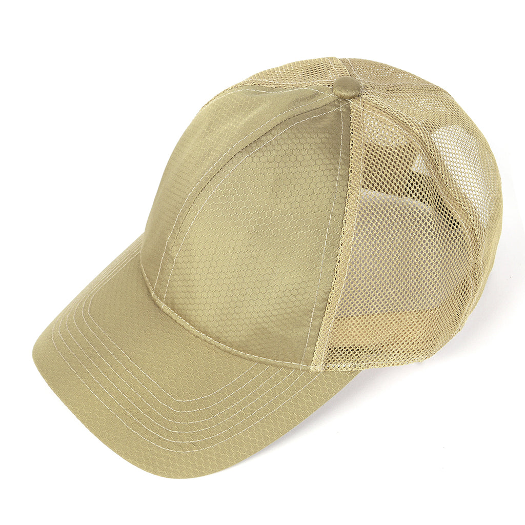Khaki breathable mesh trucker hat for big heads - top crown view