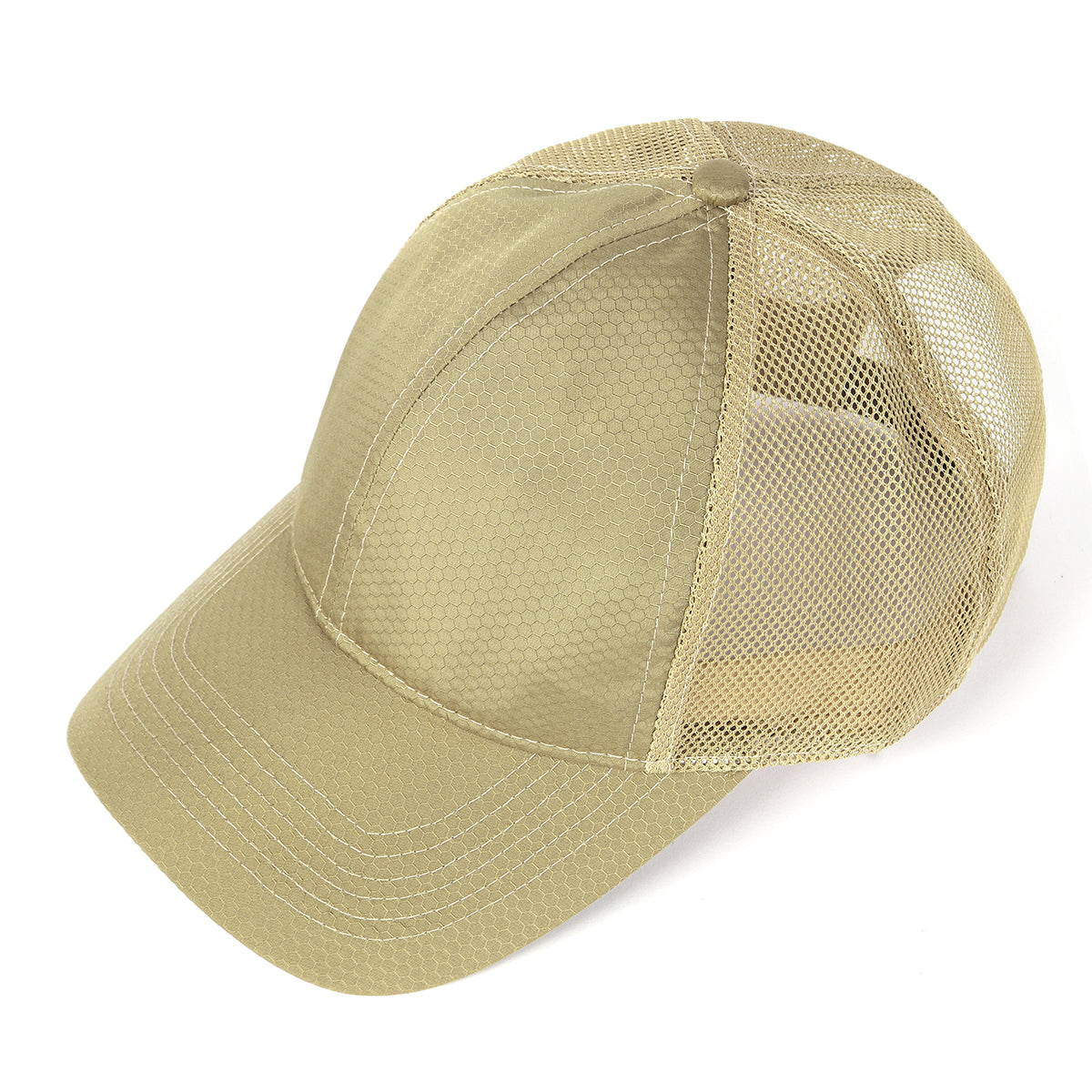 Khaki breathable mesh trucker hat for big heads - top crown view