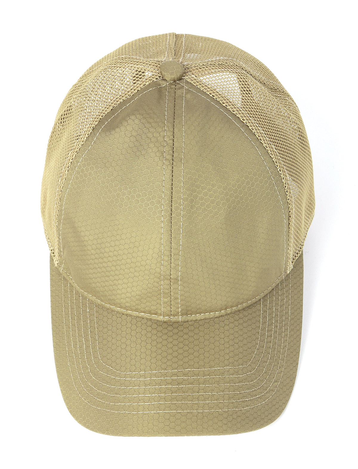 Khaki breathable mesh trucker hat for big heads - top crown view