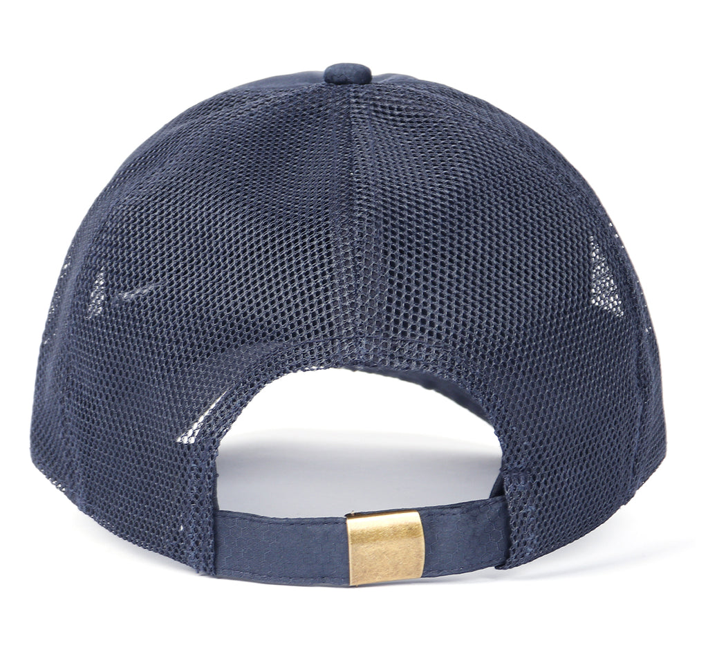Navy blue breathable mesh trucker hat for big heads - back view