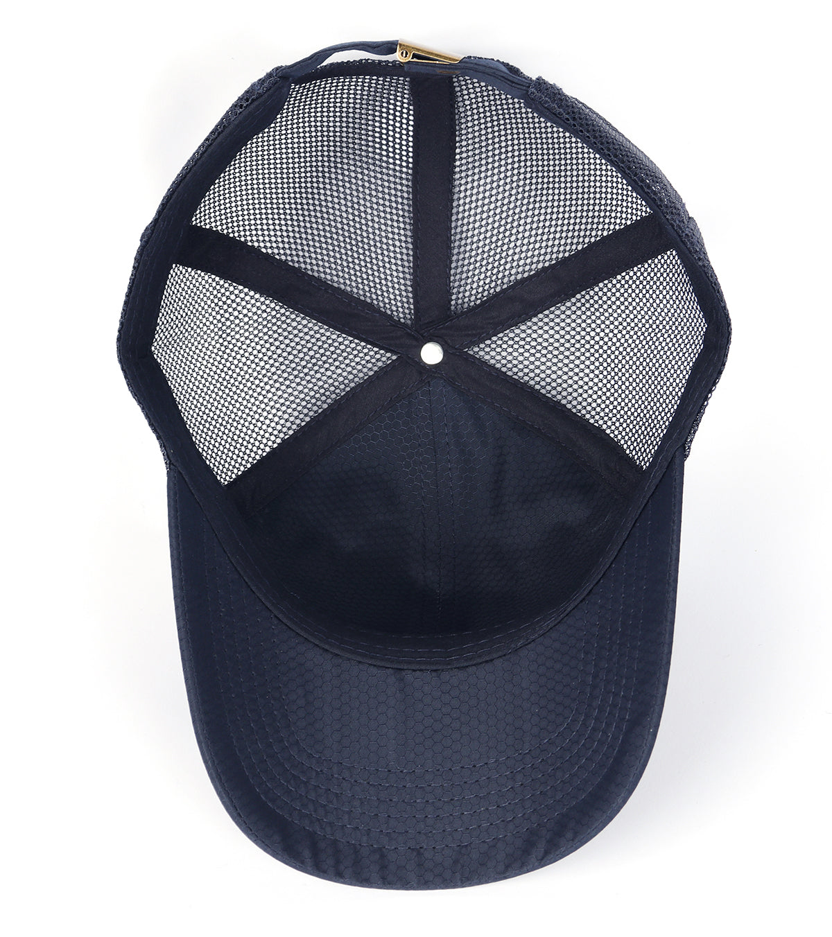 Navy blue breathable mesh trucker hat for big heads - interior sweatband detail