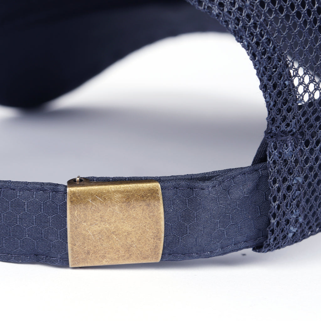 Navy blue breathable mesh trucker hat for big heads - adjustable snapback closure detail