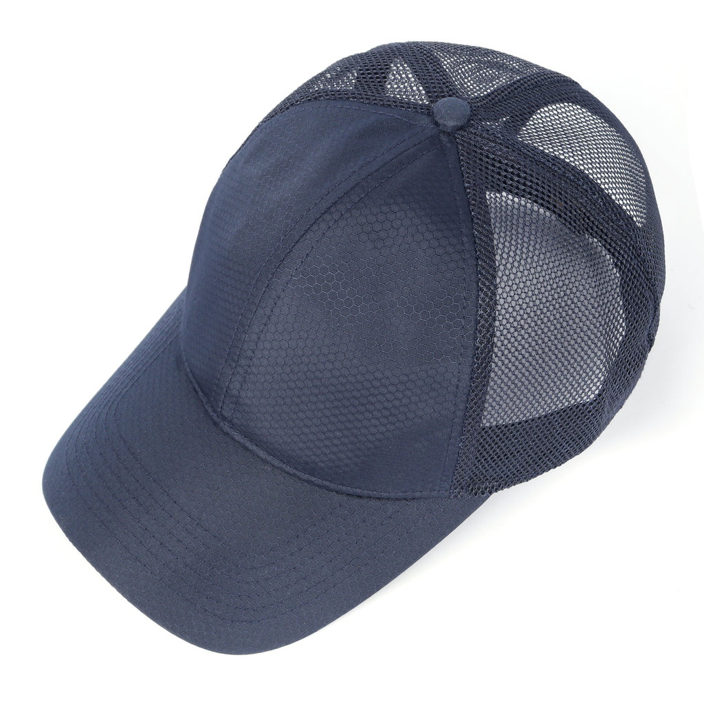 Navy blue breathable mesh trucker hat for big heads - top crown view