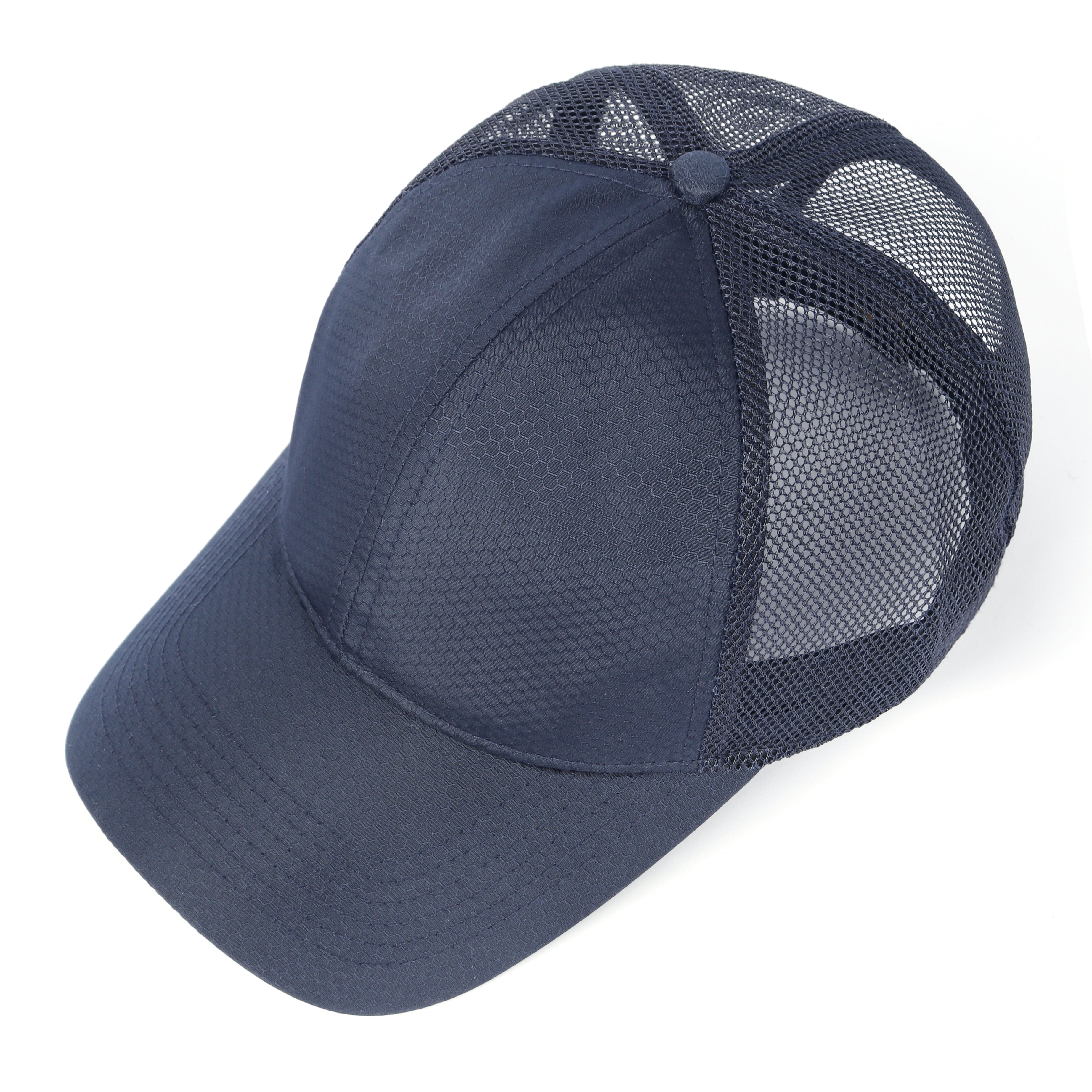 Navy blue breathable mesh trucker hat for big heads - top crown view