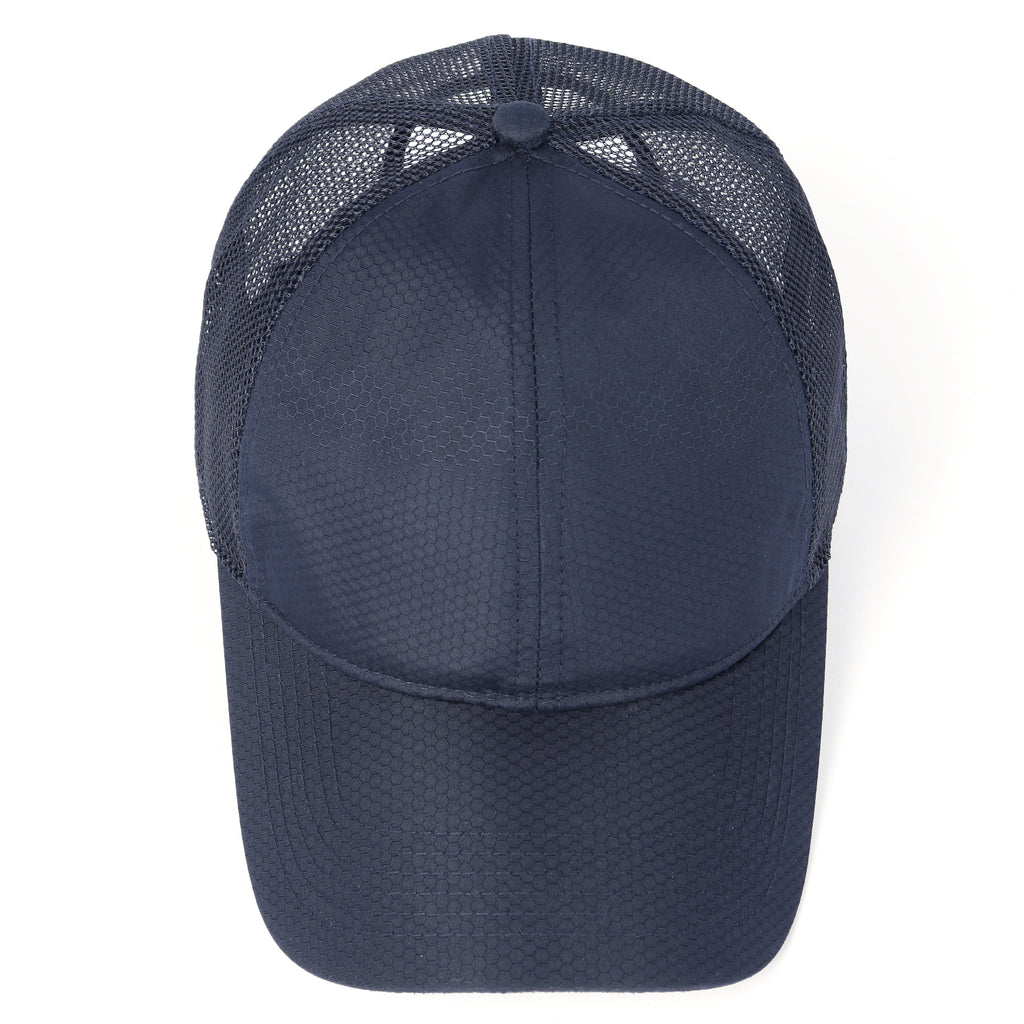 Navy blue breathable mesh trucker hat for big heads - top crown view