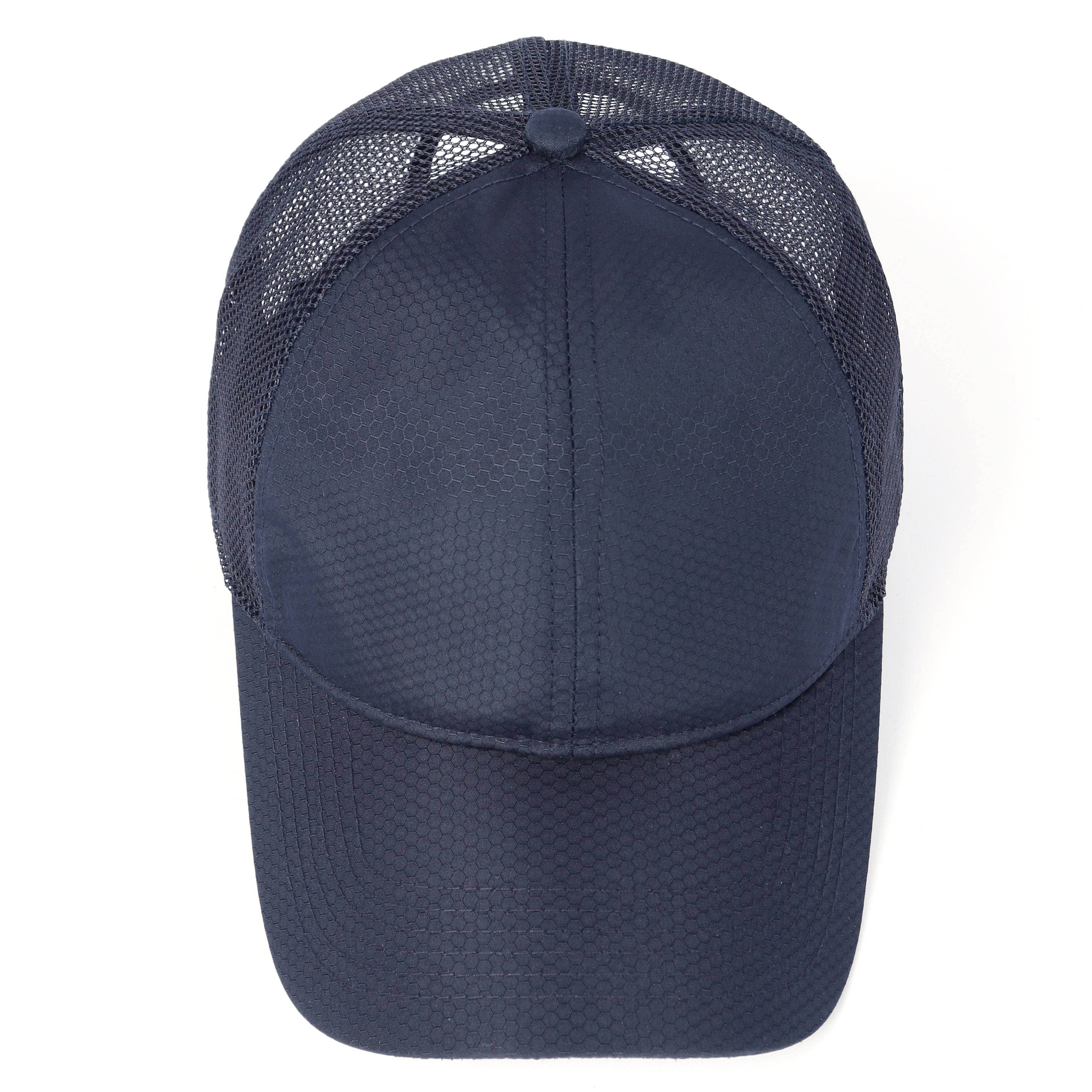 Navy blue breathable mesh trucker hat for big heads - top crown view
