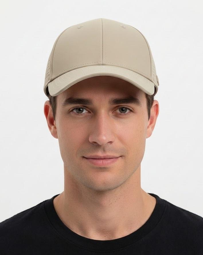 Beige quick-dry laser-cut mesh baseball cap for big heads - on model lifestyle photo